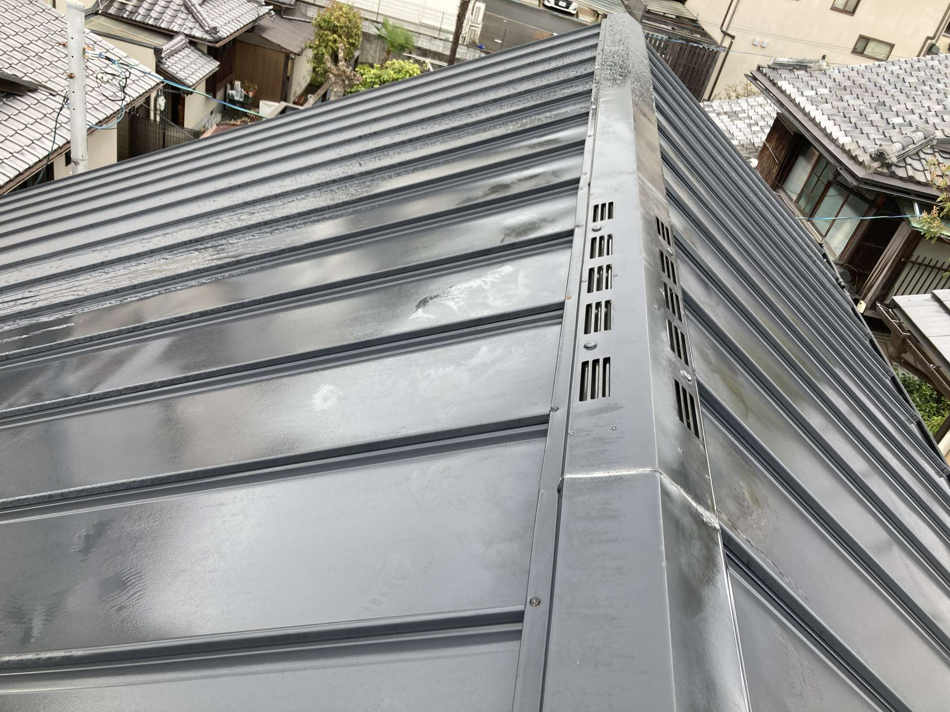 棟板金　ガルバリウム鋼板の屋根：この換気役物あたりから漏水の疑い