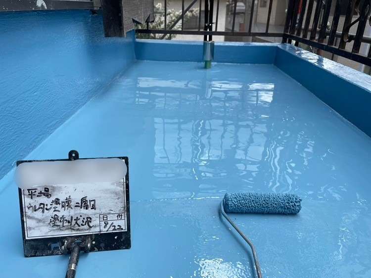バルコニー　ウレタン防水工事と手摺り塗装工事 工事写真